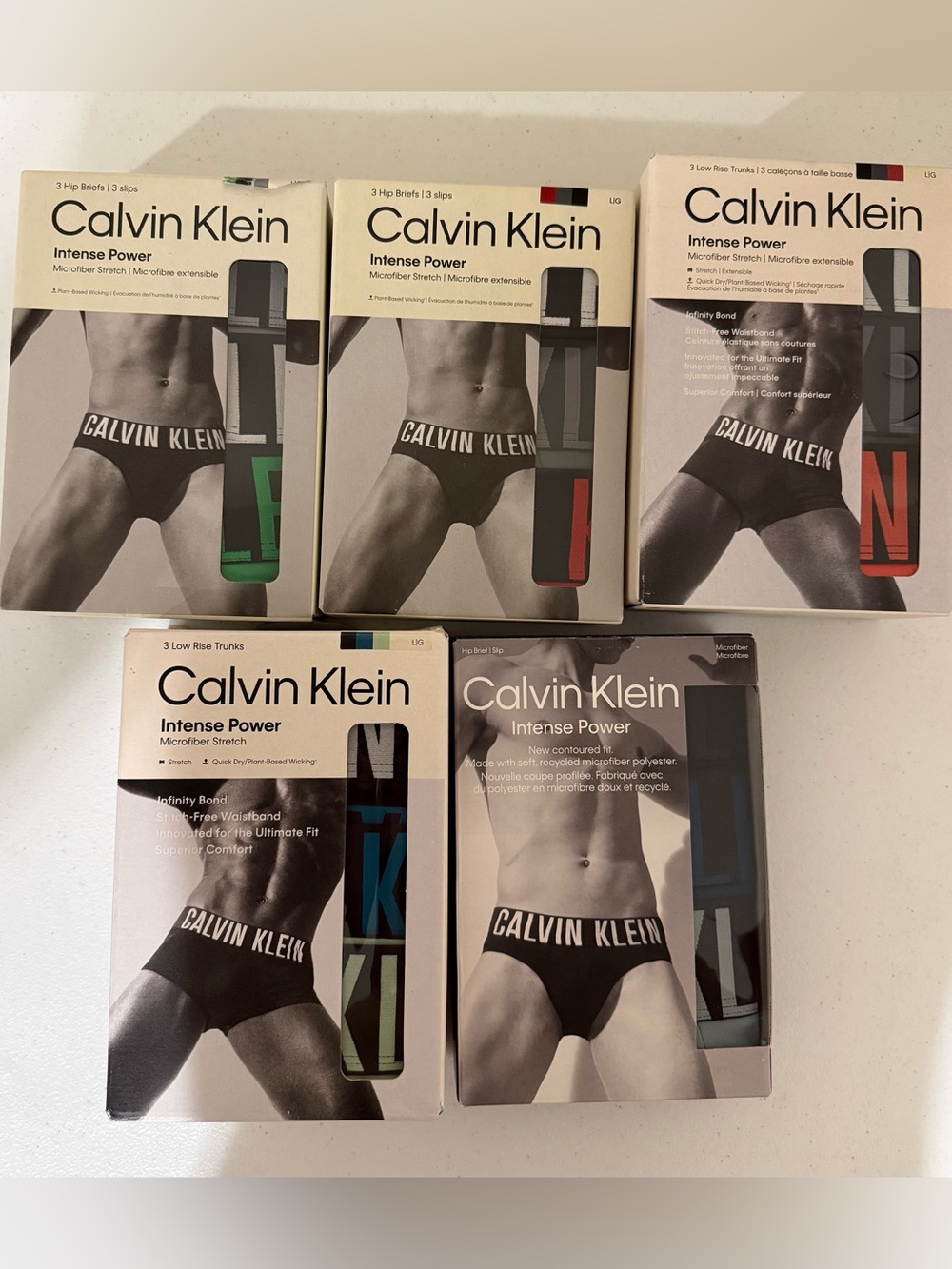 Lot of 5 Calvin Klein Intense Power Underwear 3 Packs Trunks and Briefs Size L